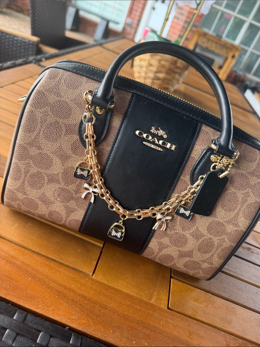 Coach Brown Signature Canvas Satchel with Black Trim and Gold Hardware